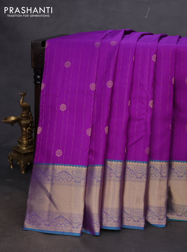 Pure kanchipuram silk saree purple and dual shade of teal with allover zari weaves and rich zari woven border
