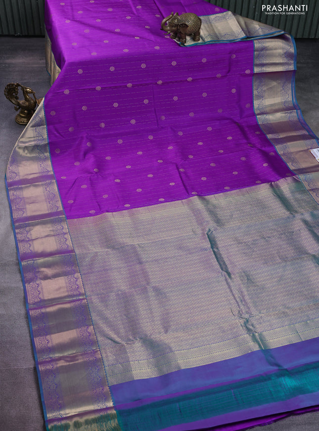 Pure kanchipuram silk saree purple and dual shade of teal with allover zari weaves and rich zari woven border