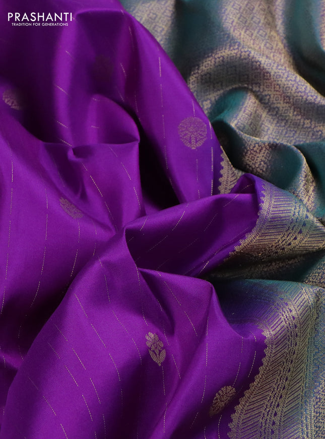 Pure kanchipuram silk saree purple and dual shade of teal with allover zari weaves and rich zari woven border
