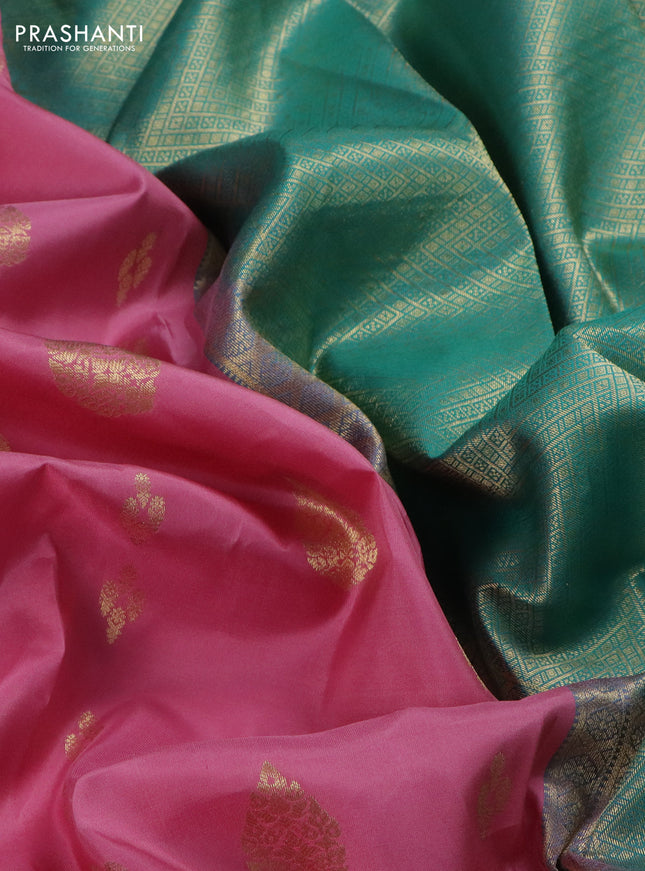 Pure kanchipuram silk saree peach pink and teal green shade with zari woven buttas and zari woven korvai buttas