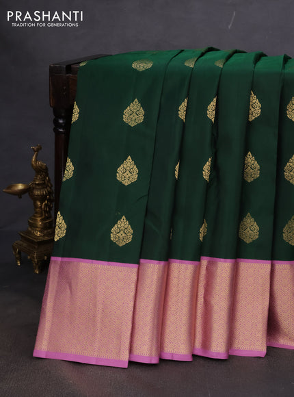 Pure kanchipuram silk saree bottle green and pastel pink with zari woven buttas and zari woven korvai buttas