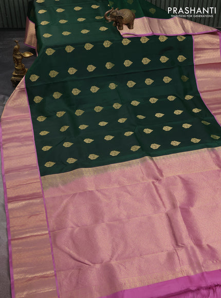 Pure kanchipuram silk saree bottle green and pastel pink with zari woven buttas and zari woven korvai buttas