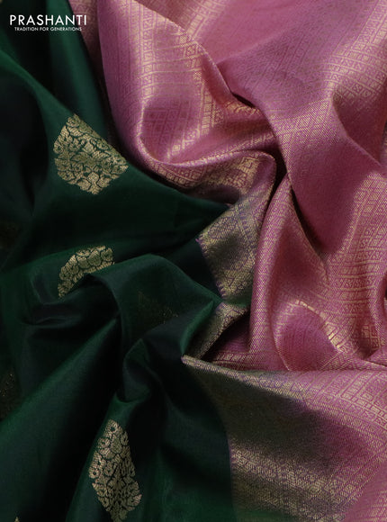 Pure kanchipuram silk saree bottle green and pastel pink with zari woven buttas and zari woven korvai buttas