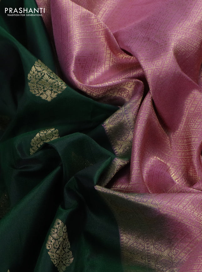 Pure kanchipuram silk saree bottle green and pastel pink with zari woven buttas and zari woven korvai buttas