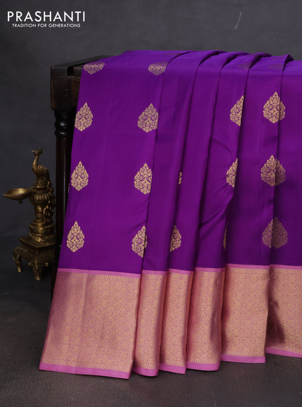 Pure kanchipuram silk saree purple and pastel pink with zari woven buttas and zari woven korvai buttas