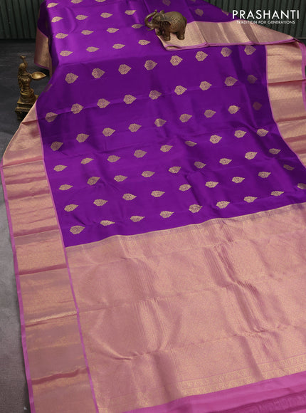 Pure kanchipuram silk saree purple and pastel pink with zari woven buttas and zari woven korvai buttas