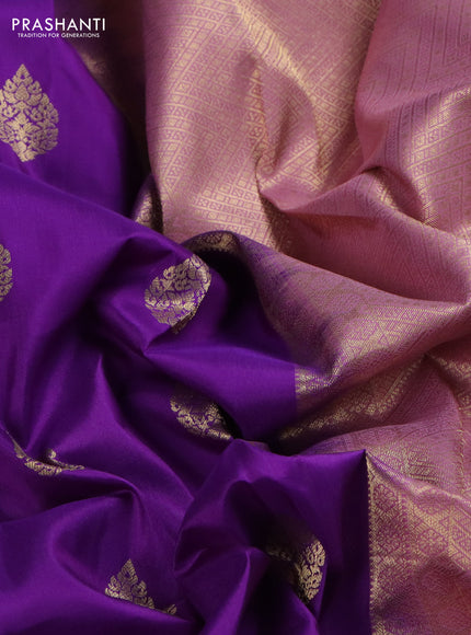 Pure kanchipuram silk saree purple and pastel pink with zari woven buttas and zari woven korvai buttas