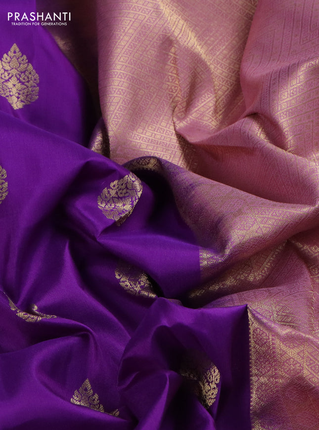 Pure kanchipuram silk saree purple and pastel pink with zari woven buttas and zari woven korvai buttas