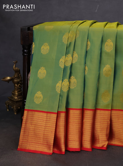 Pure kanchipuram silk saree dual shade of green and red with zari woven buttas and zari woven korvai buttas