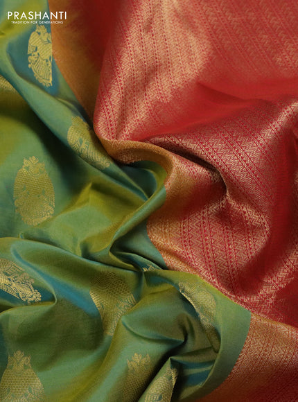 Pure kanchipuram silk saree dual shade of green and red with zari woven buttas and zari woven korvai buttas