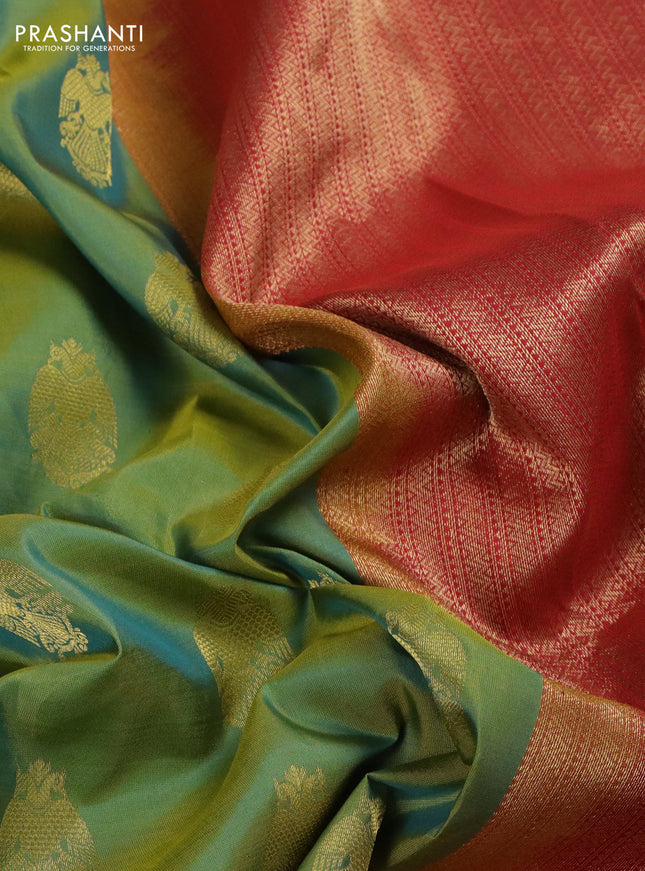 Pure kanchipuram silk saree dual shade of green and red with zari woven buttas and zari woven korvai buttas
