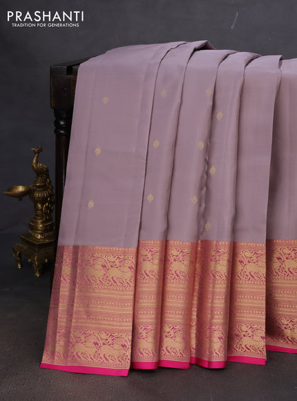 Pure kanchipuram silk saree grey and pink with zari woven buttas and long zari woven buttas