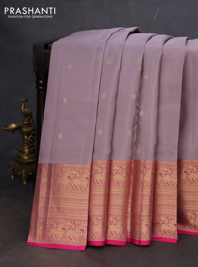 Pure kanchipuram silk saree grey and pink with zari woven buttas and long zari woven buttas