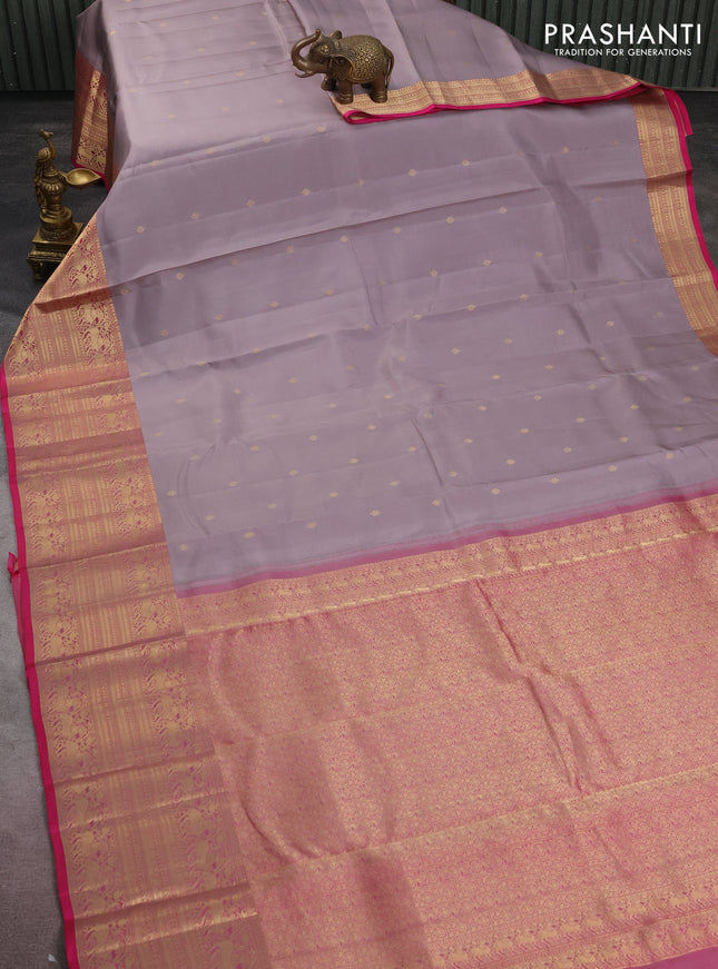 Pure kanchipuram silk saree grey and pink with zari woven buttas and long zari woven buttas