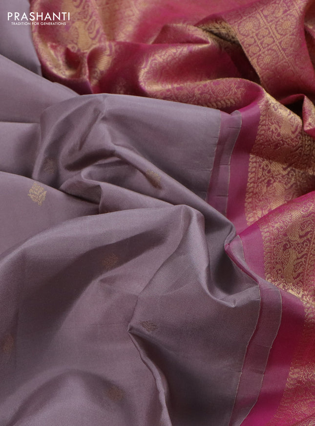 Pure kanchipuram silk saree grey and pink with zari woven buttas and long zari woven buttas
