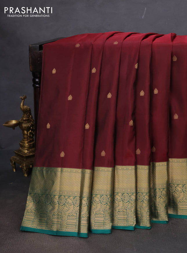Pure kanchipuram silk saree maroon and green with zari woven buttas and rich zari woven border