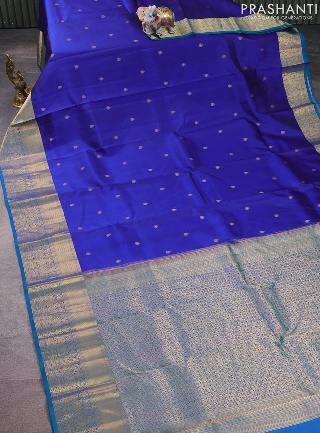 Pure kanchipuram silk saree blue and dual shade of green with zari woven buttas and rich zari woven border