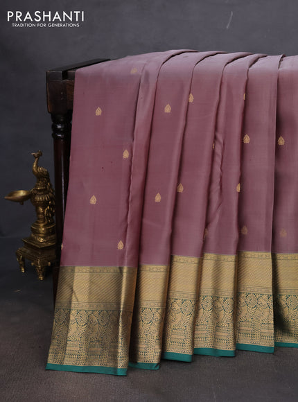 Pure kanchipuram silk saree grey shade and green with zari woven buttas and rich zari woven border