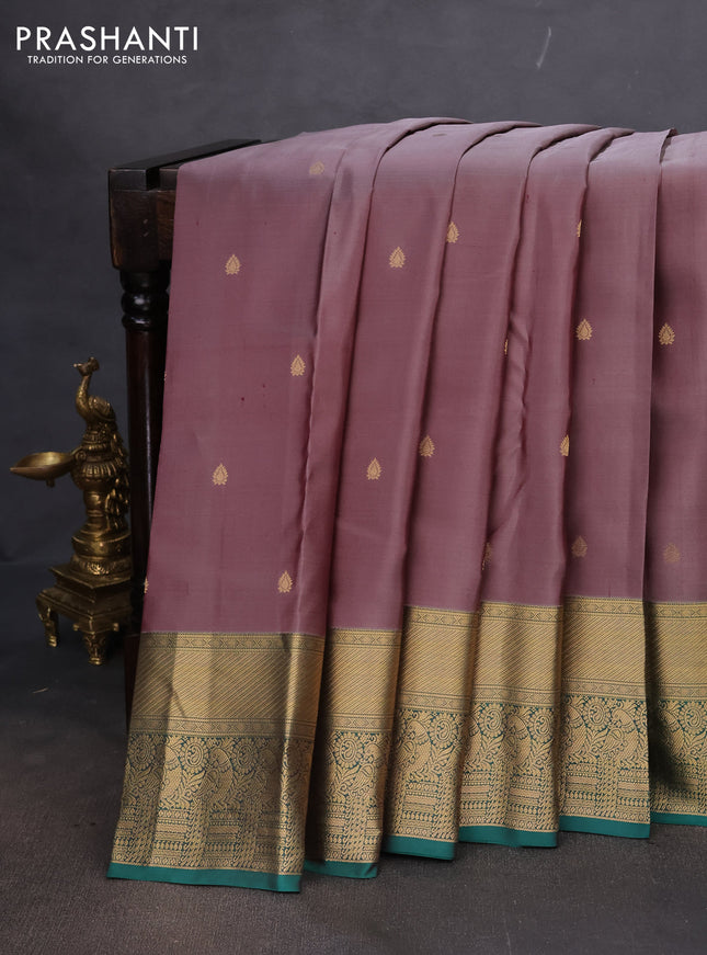 Pure kanchipuram silk saree grey shade and green with zari woven buttas and rich zari woven border
