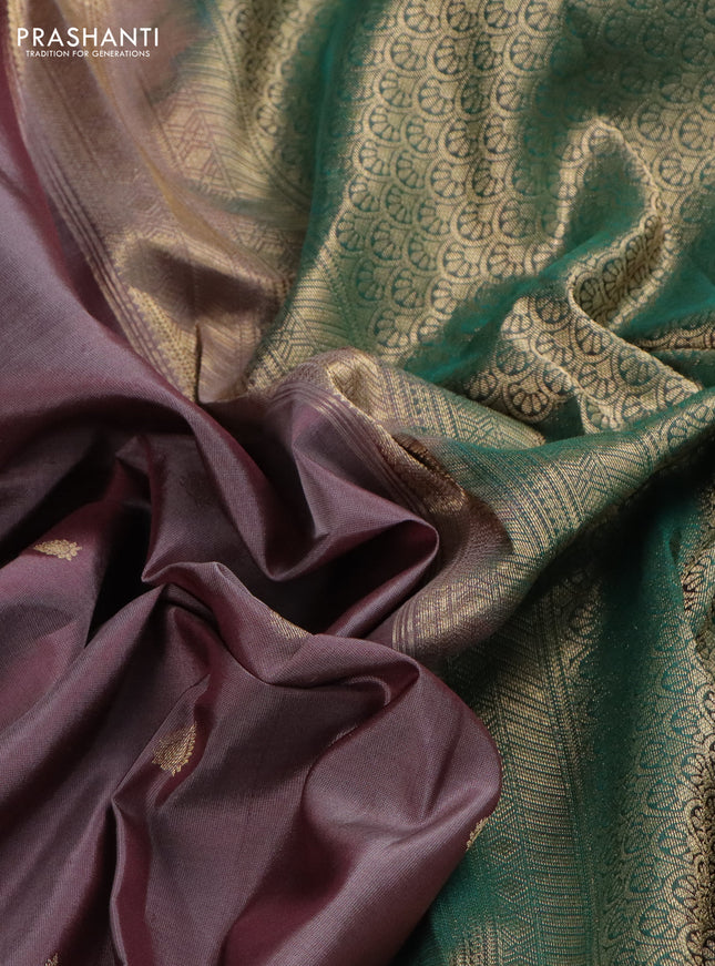 Pure kanchipuram silk saree grey shade and green with zari woven buttas and rich zari woven border