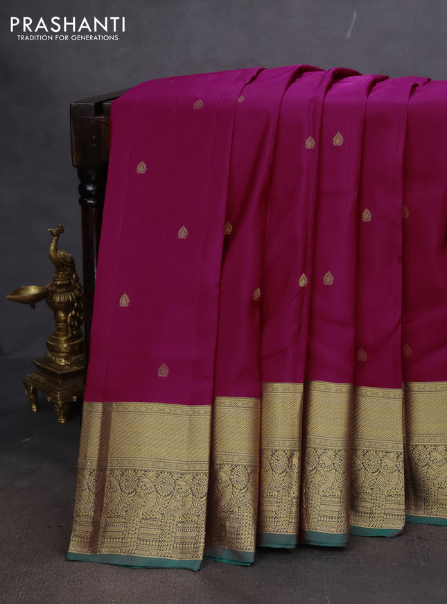 Pure kanchipuram silk saree magenta pink and green with zari woven buttas and rich zari woven border
