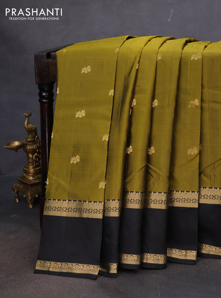 Pure kanchipuram silk saree mehendi green and black with zari woven buttas and rettapet zari woven border