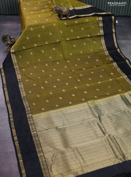 Pure kanchipuram silk saree mehendi green and black with zari woven buttas and rettapet zari woven border