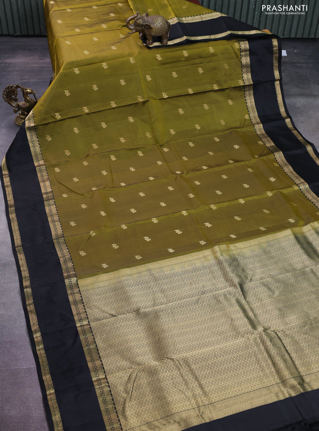 Pure kanchipuram silk saree mehendi green and black with zari woven buttas and rettapet zari woven border