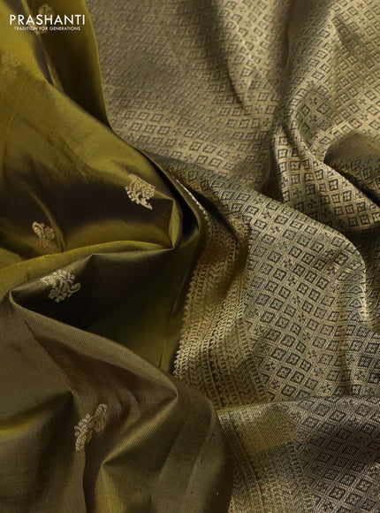 Pure kanchipuram silk saree mehendi green and black with zari woven buttas and rettapet zari woven border