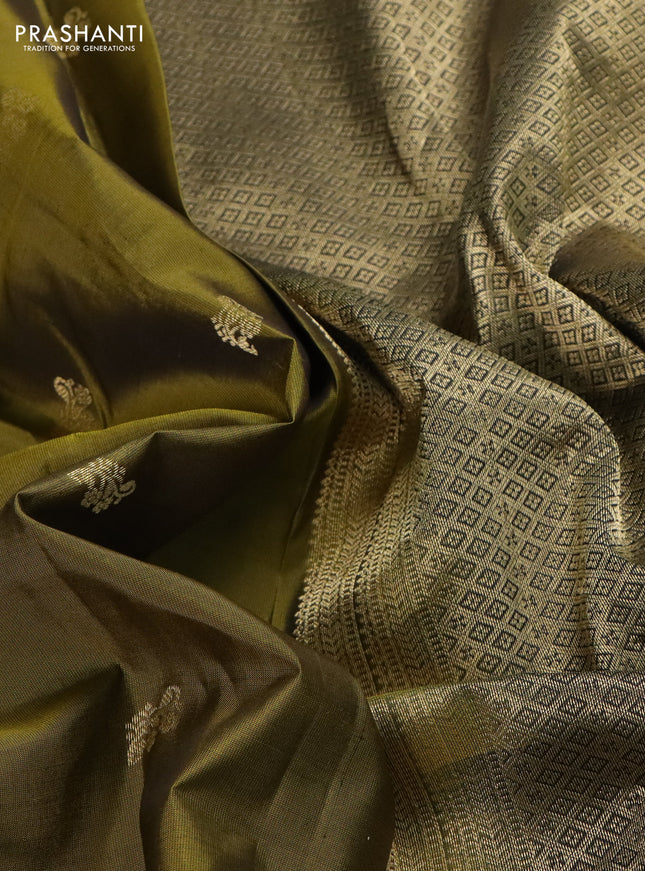 Pure kanchipuram silk saree mehendi green and black with zari woven buttas and rettapet zari woven border