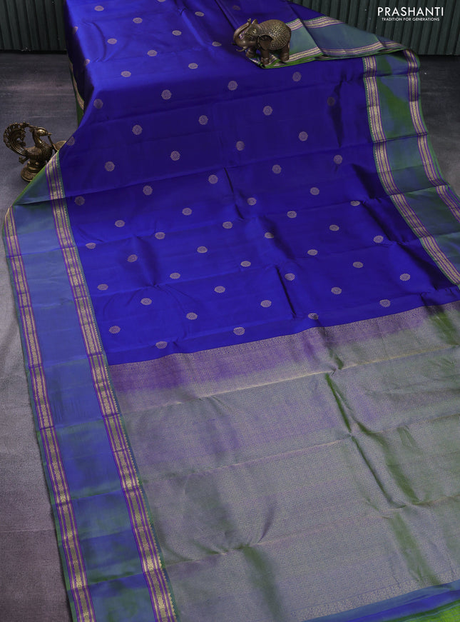 Pure kanchipuram silk saree blue and dual shade of green with zari woven buttas and rettapet zari woven border