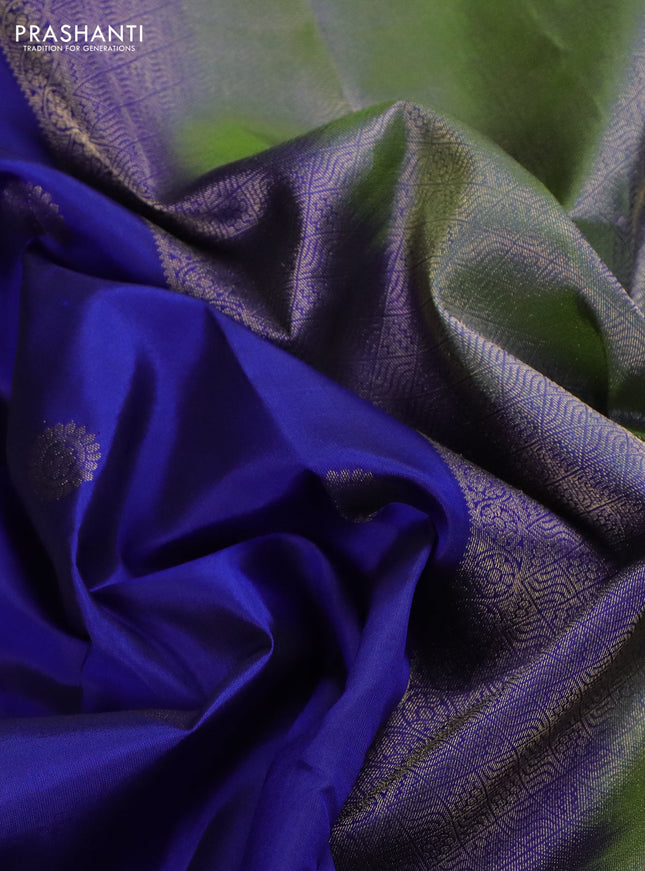 Pure kanchipuram silk saree blue and dual shade of green with zari woven buttas and rettapet zari woven border