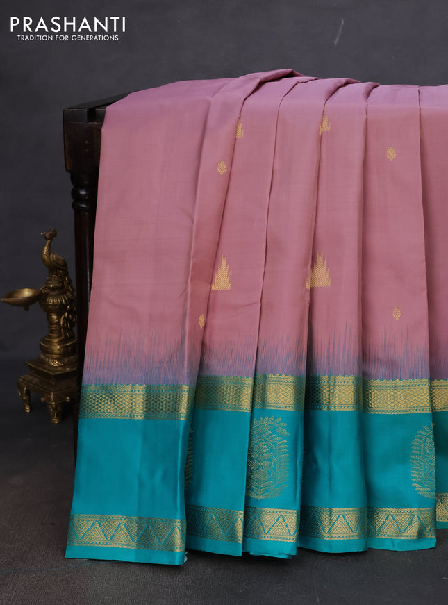 Pure kanchipuram silk saree pastel pink and teal blue with zari woven buttas and long zari woven butta border