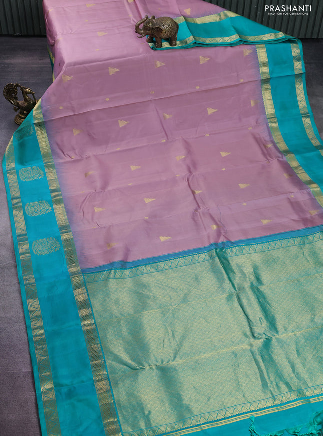 Pure kanchipuram silk saree pastel pink and teal blue with zari woven buttas and long zari woven butta border
