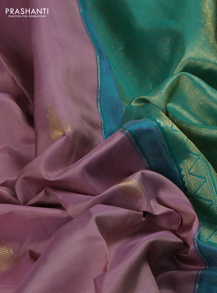 Pure kanchipuram silk saree pastel pink and teal blue with zari woven buttas and long zari woven butta border