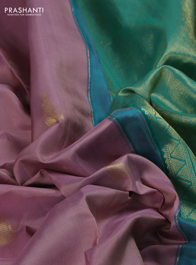 Pure kanchipuram silk saree pastel pink and teal blue with zari woven buttas and long zari woven butta border