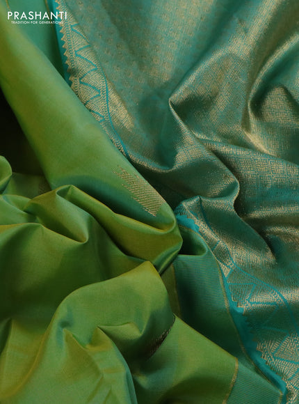 Pure kanchipuram silk saree lime yellow and teal blue with zari woven buttas and long zari woven butta border