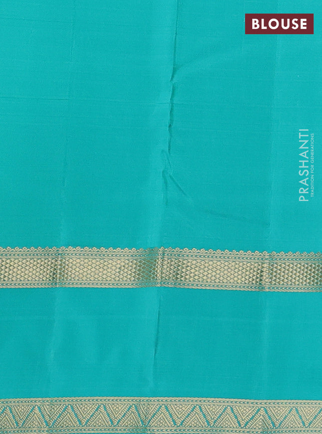 Pure kanchipuram silk saree lime yellow and teal blue with zari woven buttas and long zari woven butta border