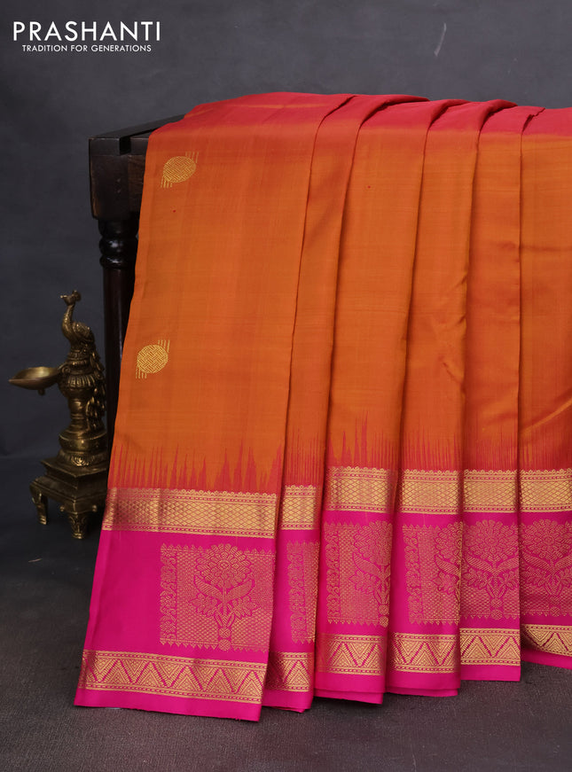 Pure kanchipuram silk saree honey shade and pink with zari woven buttas and long zari woven butta border