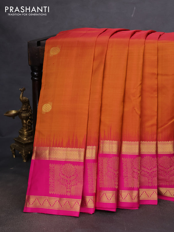 Pure kanchipuram silk saree honey shade and pink with zari woven buttas and long zari woven butta border
