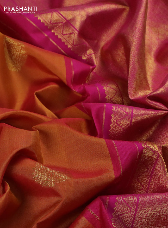 Pure kanchipuram silk saree honey shade and pink with zari woven buttas and long zari woven butta border