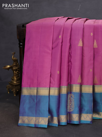 Pure kanchipuram silk saree mild purple and dual shade of teal green with zari woven buttas and long zari woven butta border