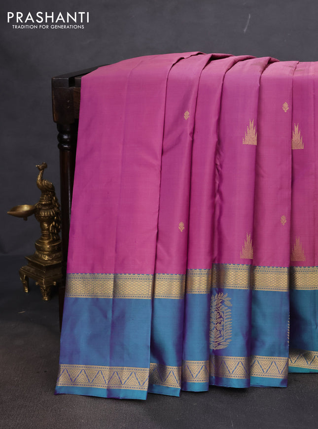 Pure kanchipuram silk saree mild purple and dual shade of teal green with zari woven buttas and long zari woven butta border