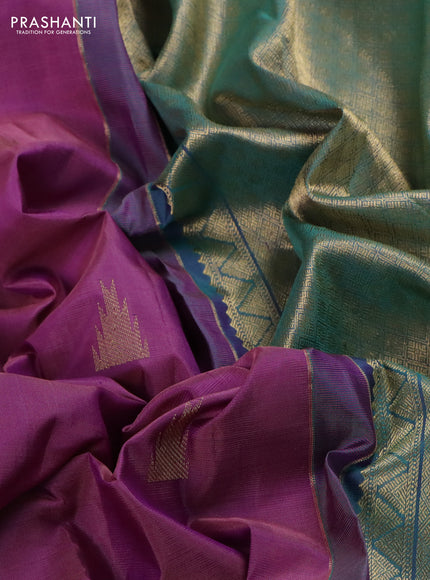 Pure kanchipuram silk saree mild purple and dual shade of teal green with zari woven buttas and long zari woven butta border
