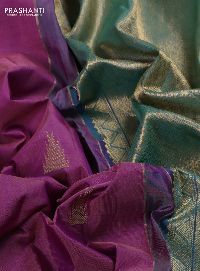 Pure kanchipuram silk saree mild purple and dual shade of teal green with zari woven buttas and long zari woven butta border