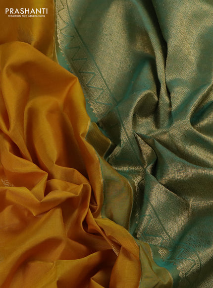 Pure kanchipuram silk saree yellow and dual shade of teal with zari woven buttas and long zari woven butta border