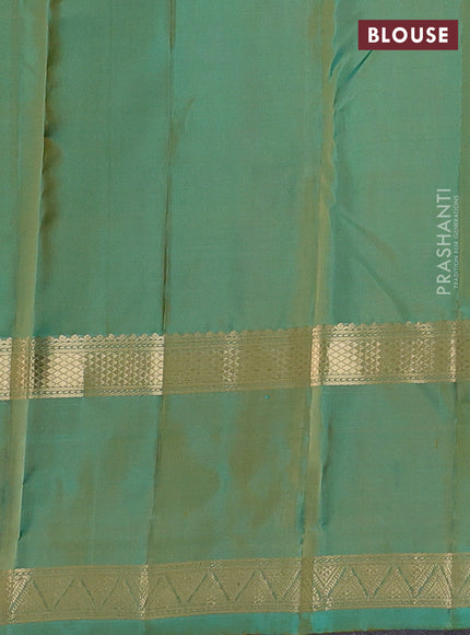 Pure kanchipuram silk saree yellow and dual shade of teal with zari woven buttas and long zari woven butta border