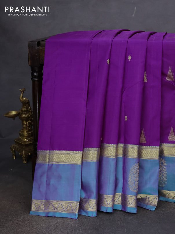 Pure kanchipuram silk saree purple and dual shade of teal green with zari woven buttas and long zari woven butta border