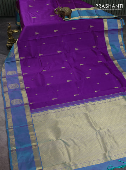 Pure kanchipuram silk saree purple and dual shade of teal green with zari woven buttas and long zari woven butta border