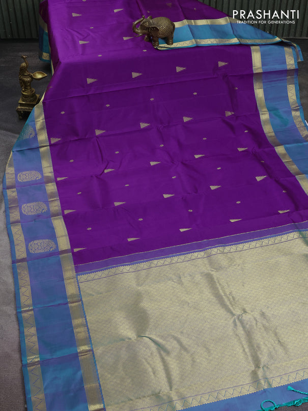 Pure kanchipuram silk saree purple and dual shade of teal green with zari woven buttas and long zari woven butta border